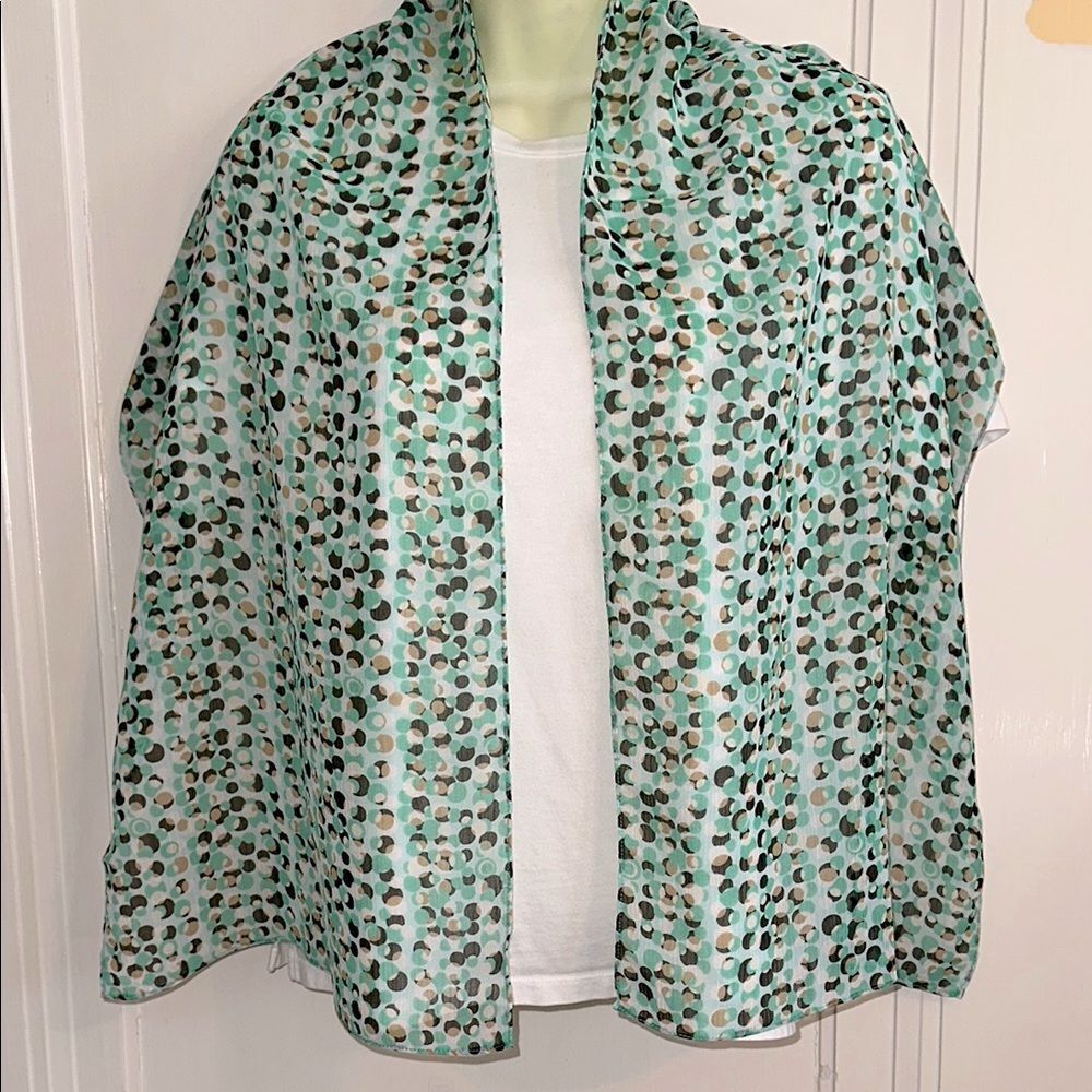 Vintage Mint Green, Tan,‎ Brown & White Circle Print Polyester Long Scarf